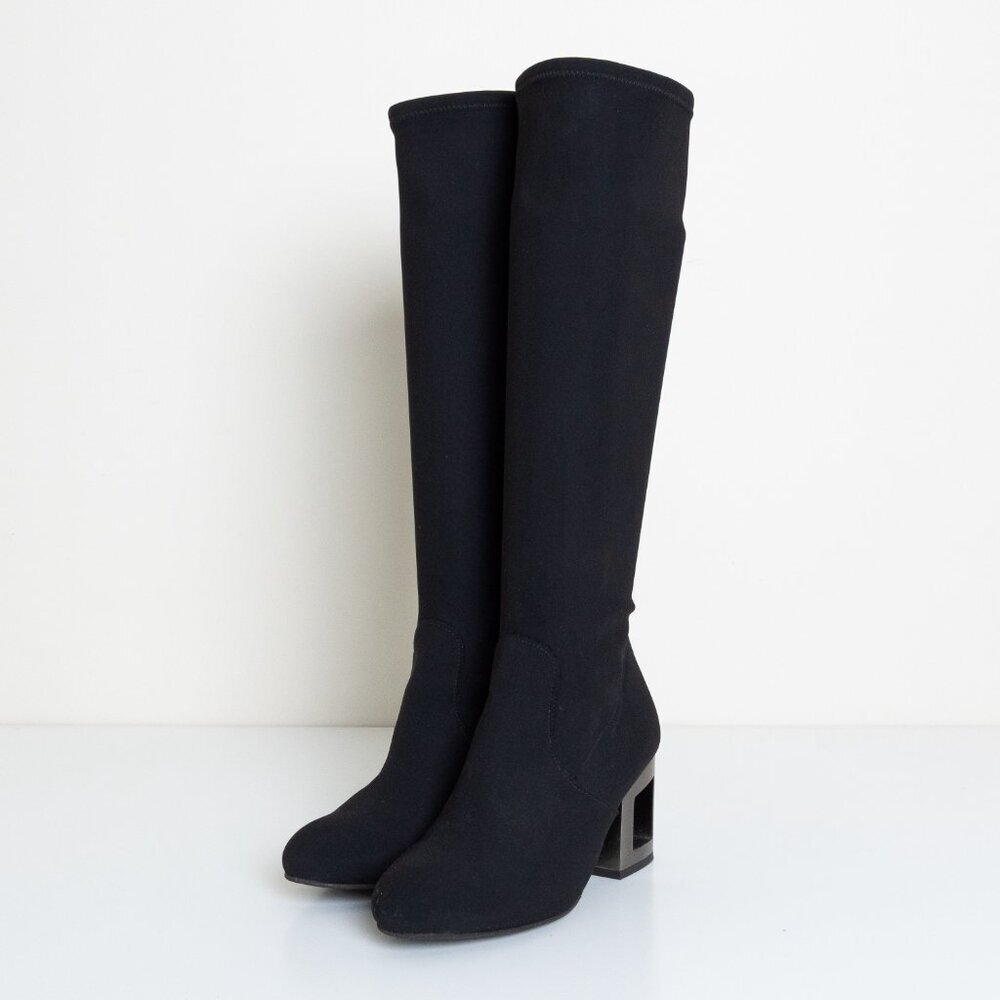 Pedro Miralles Black Sock Knee Boots Metal Cut-Out Heel EU 38 - Picture 3 of 12